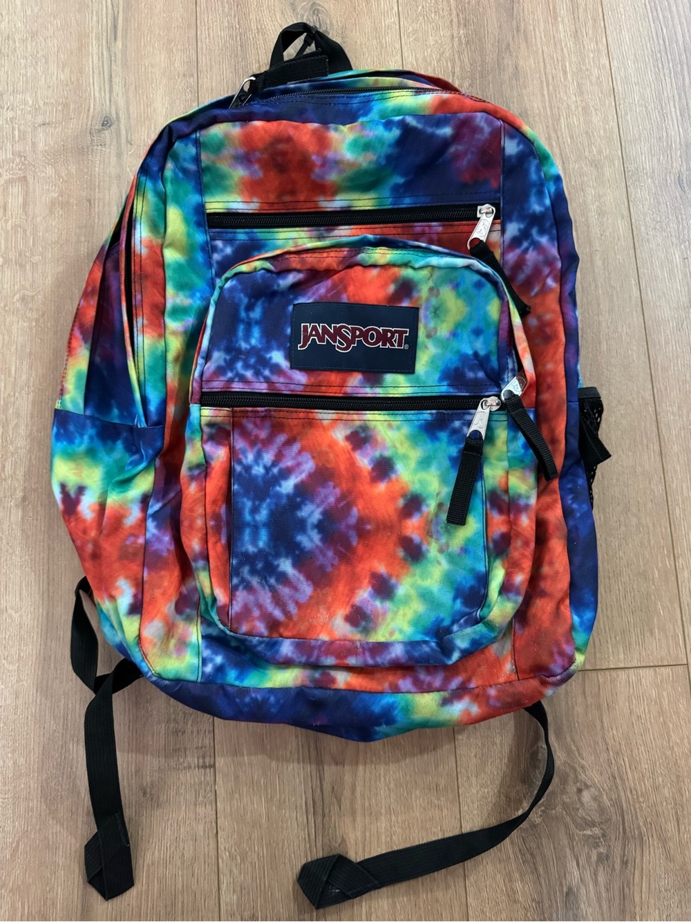 JanSport Tie-Dye Multicolor Backpack - Red Blue Green Yellow Accent